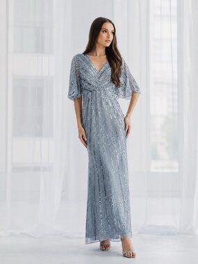 Mac Duggal Size 16 Gray Blue 93583 Cape Sleeve Sequin Formal Gown Dress $698 NWT